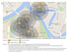 Screenshot aus dem Hotspotfinder von Kabel Deutschland, der die Verteilung der Hotspots in Meppens Innenstadt zeigt.